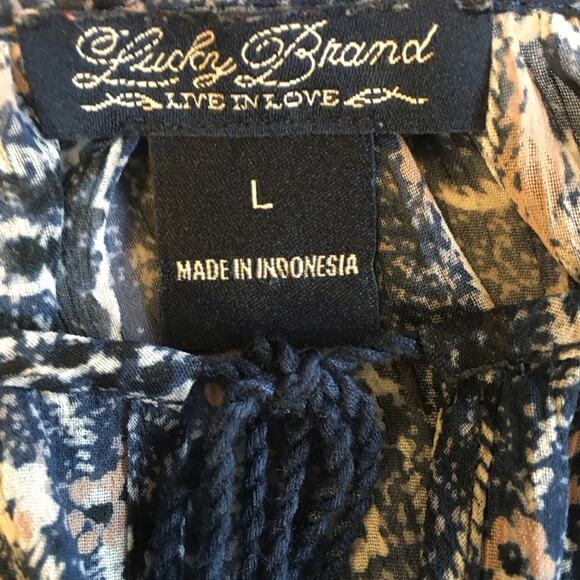 Lucky Brand Blue Pink Paisley Long Sleeve Popover Top Elastic Waist Tassel Ties - Picture 9 of 16